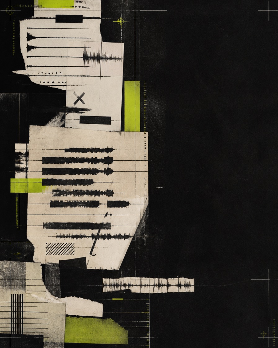 Abstract collage of paper drafts and audio waveforms with lime accents