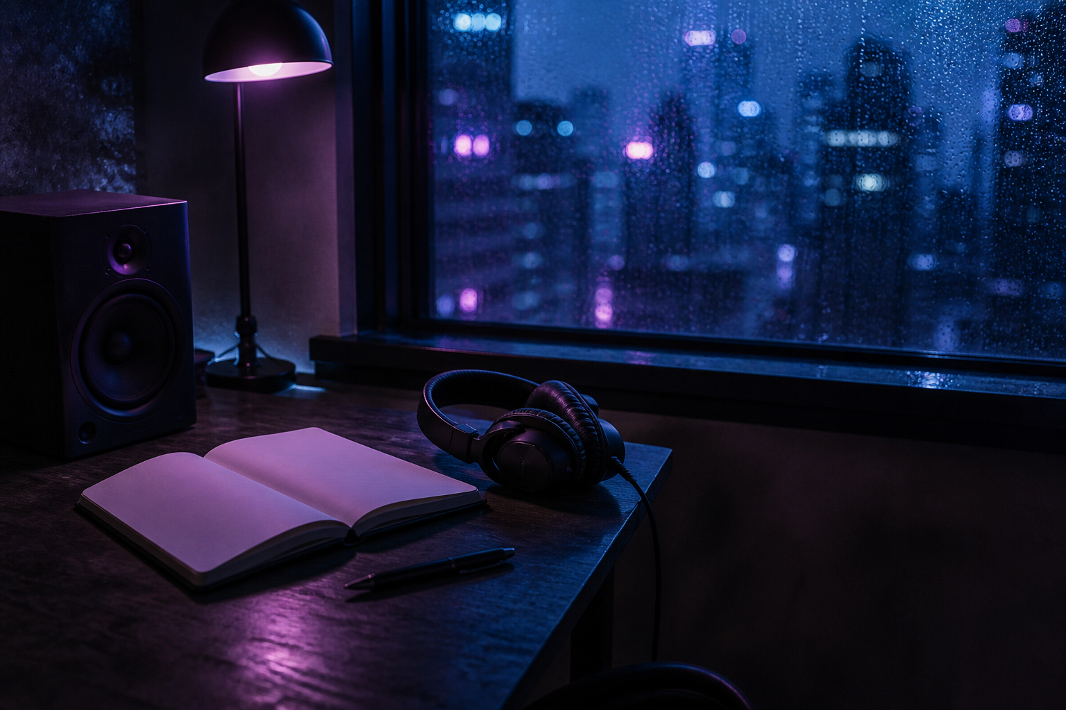 Open notebook, pen, and headphones beside a rain-streaked window at night
